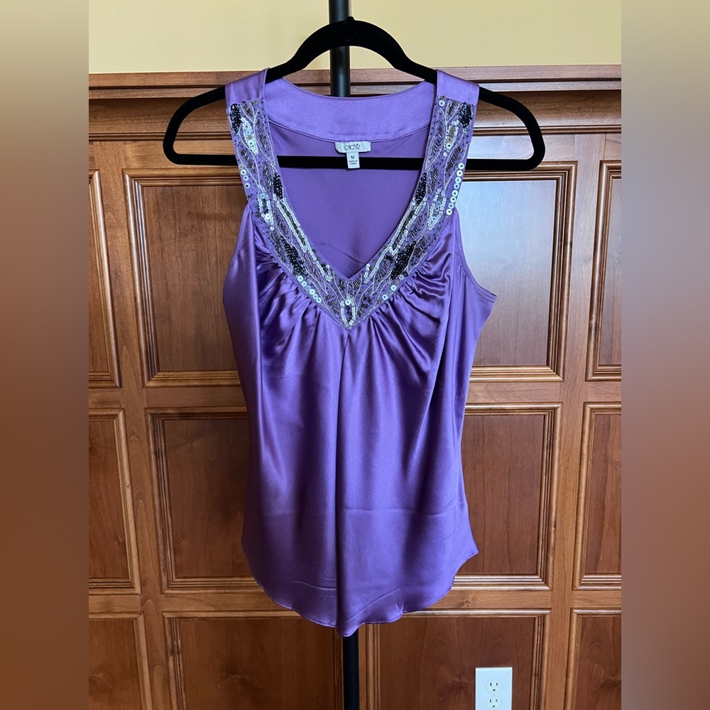Cache Top Vintage Silk Jazz Age Blouse Sleeveless Sequined Amethyst Size M